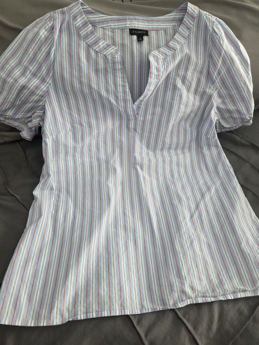 Talbots Women's Light Blue Multi-Stripe Short Sleeve Shirt